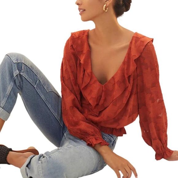 Anthropologie Textured Floral Blouse in Crimson Orange Size Small Open Back Boho - Picture 2 of 10